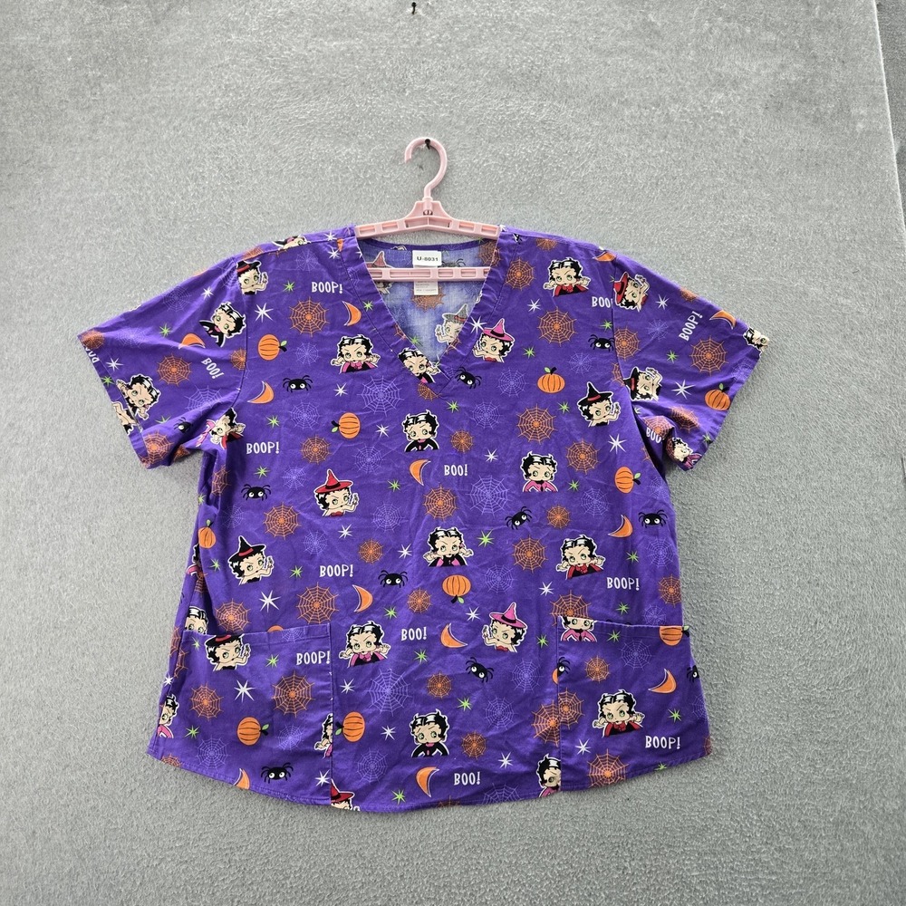 Betty Boop Women Scrub Top XL Purple Graphic Print Halloween